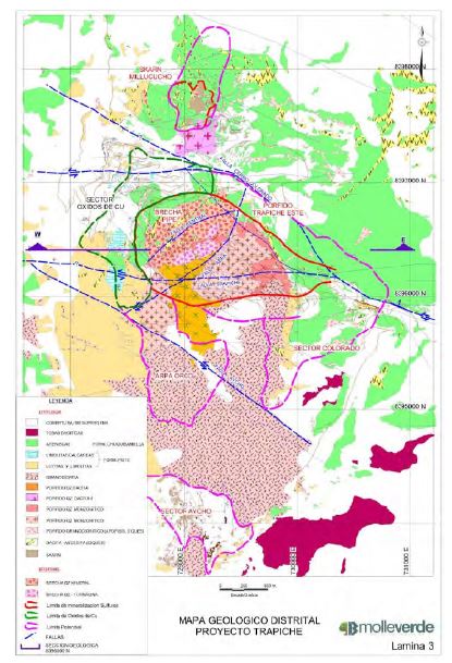 Detailed geological map of trapiche project showing the relationship between NW-trending sinistral fault and plutonism.