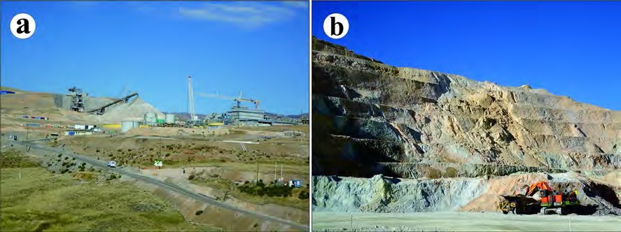 (a) Dressing plant of Constancia mine. (b) Figure shows mining in Constancia open-pit mine for Cu.
