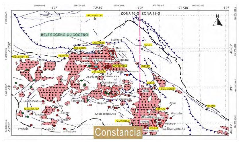 Simple Geological map showing the major structures, granites and ore-deposits near the Constancia mine.
