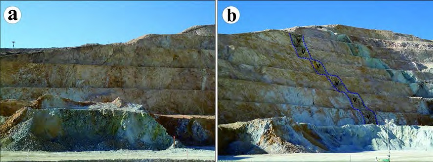 (a) Oxidation zone of Constancia mine. (b) NS-trending dyke cut the oxidation zone.