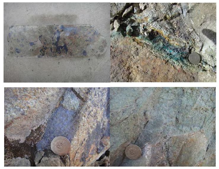 Cu mineralization of the Ferrobamba area(upperlift=skarn, upperright =chalcopyrite-bornite±molybdenite-quartz vein, lowerlift=molybdenite-quartz vein, lowerright=chalcopyrite-quartz vein)