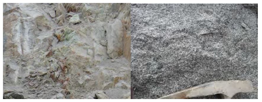 Mafic monzonite(MZM) and Cu mineralization at boundary between limeston of Ferrobamba formation and mafic monzonite(lift=limestone->marble->Cu mineralization->MZM, right=fresh MZM)