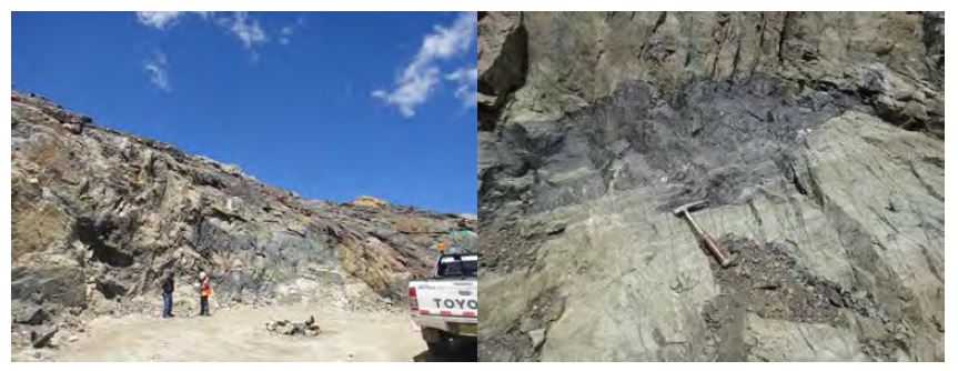 Magnetite skarn and garnet skarn from the Chalcobamba area(left=telescope of magnetite skarn and garnet skarn, right=magnetite- chalcopyrite skarn cutting garnet skarn)