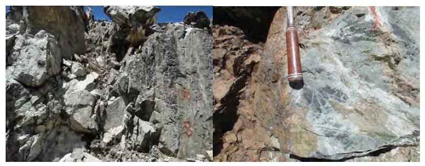 Quartz monzonite, marble and garnet skarn from the Chalcobamba area(lift=boundary between quartz monzonite and marble, right=boundary between marble and garnet skarn)