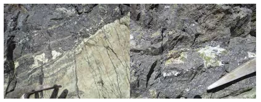 Vein-like magnetite skarn(lift) and minerals(right) from the Chalcobamba area