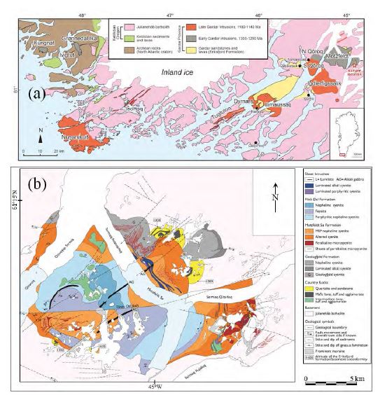 Regional and local geology of the southern Greenland and Motzfeldt complex (a: Upton, 1974; b: Bradshaw, 1988, Jones, 1980, and Tukiainen et al., 1984).