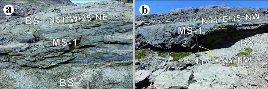 (a) Interbedded MS and BS of the study area. The contact strike WNW and dips 25° to the NE. (b) MS body appears to have been displaced by faulting. However, there is