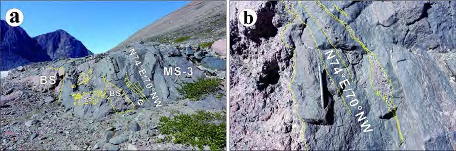 (a) Interbedded MS-3 and BS of the study area. The contact strike ENE and dips 70° to the NW. (b) ENE-striking elliptical BS body within MS-3 affected by shearing within a MS body.