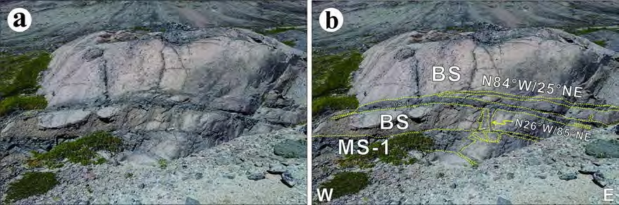 MS has a maximum thickness of ~50 cm and consists of a sub-parallel MS-1 bodies and numerous branched MS, as identified using variations in the thickness and extent of two MS main bodies. This contact shaped may have formed as a result of intrusion along the pre-existing NW– and WNW-trending fractures.