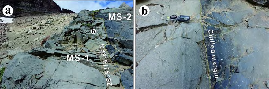 (a) Interbedded MS-2 and BS of the study area. The contact strike NE and dips 75° to the SE. (b) The contact part of MS-2 showing chilled margin.