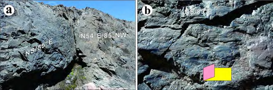 (a) NS-striking fault plane with gouge zone developed. (b) lineations and congruous steps on fault surfaces formed during fault slip.