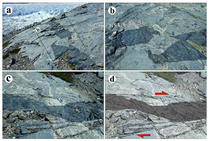 (a, b) N54°E dyke composed of unlinked dyke segments which has blunt-ended termination. (c, d) Dyke oriented parallel to N66°E fractures and refracted at the linkage-zone. Dextral motion is inferred from mode I fractures visible at the tip of fracture.