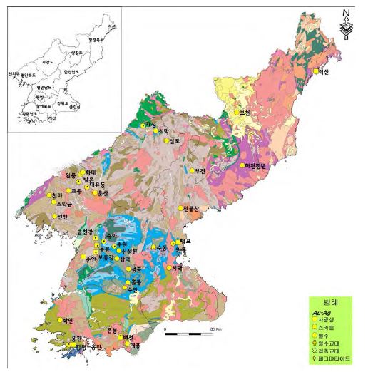 Distribution map of Au-Ag deposits in North Korea.