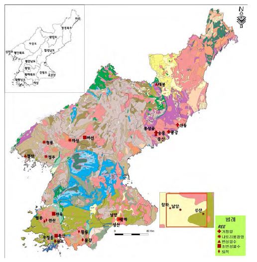 Distribution map of REE deposits in North Korea.