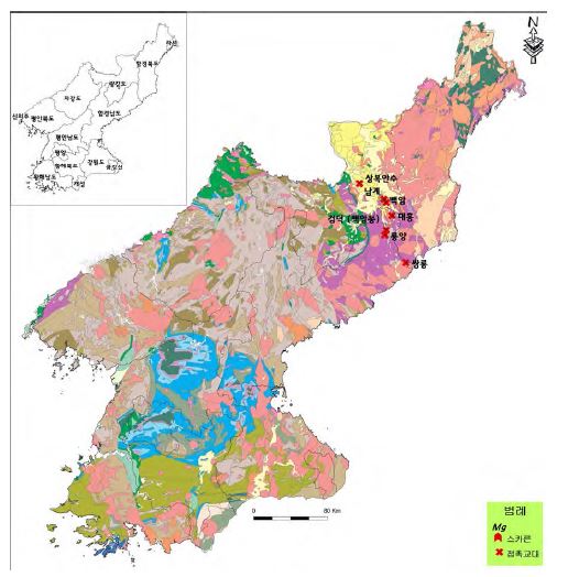 Distribution map of magnesite deposit in North Korea.