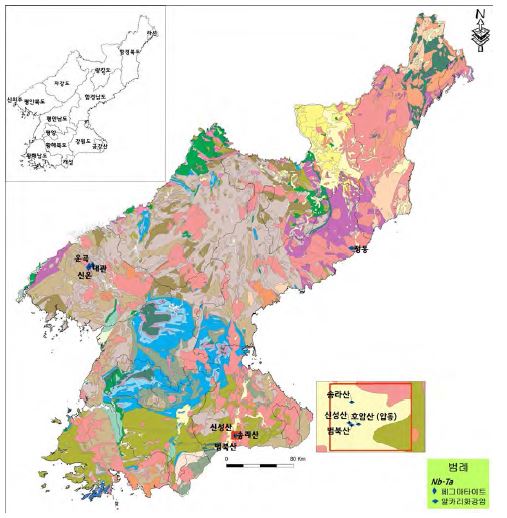 Distribution map of Nb-Ta deposits in North Korea.