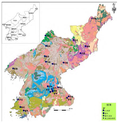 Distribution map of W deposits in North Korea.