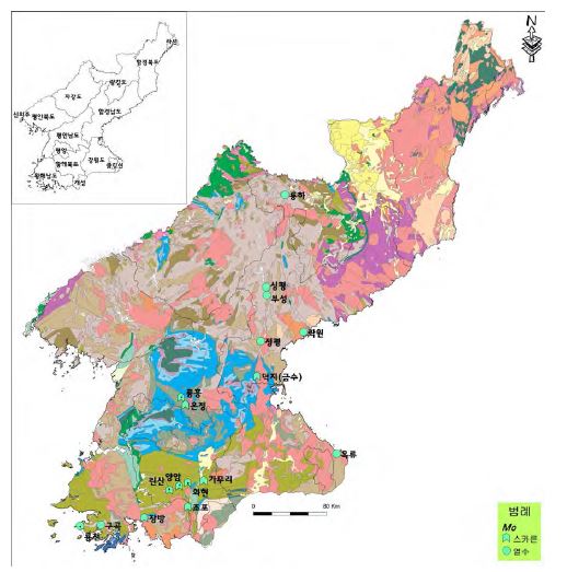 Distribution map of Mo deposits in North Korea.