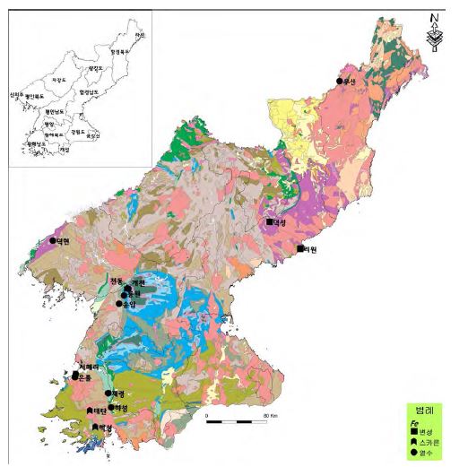 Distribution map of Fe deposits in North Korea.