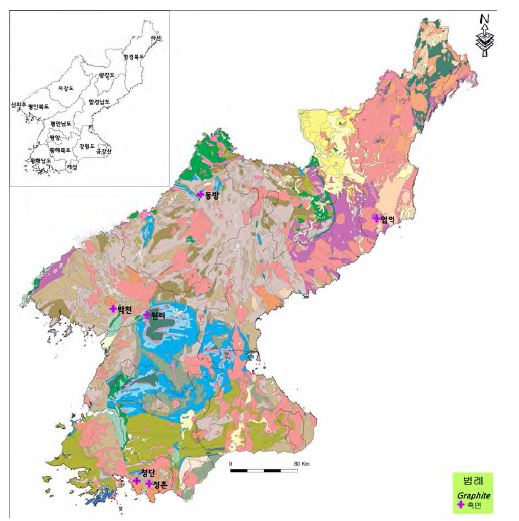 Distribution map of graphite deposits in North Korea.