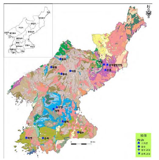 Distribution map of Pb-Zn deposits in North Korea.