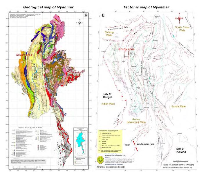 Geologic map of Myanmar (DGSE, 2008) and tectonic map (1: 1,500,000) around Myanmar (Soe, 2007). Black lined box shows the study area.
