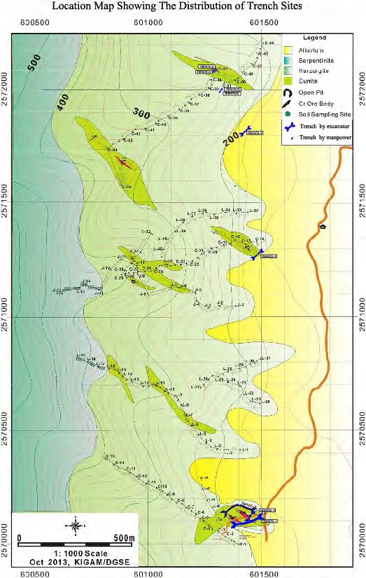 Geologic map showing the distribution of Cr-ore bodies and the location of trench sites at Bophi Vum area near Kalay, Myanmar (modified from Heo et al., 2013). Blue line: T1=Trench 1, T2=Trench 2, T3=Trench 3, T4=Trench 4.