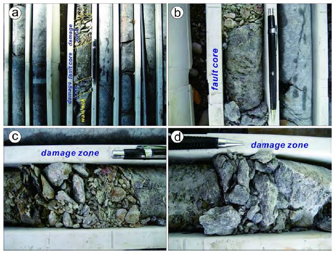 Geological structures in the core such as fault core and fault damage zones.