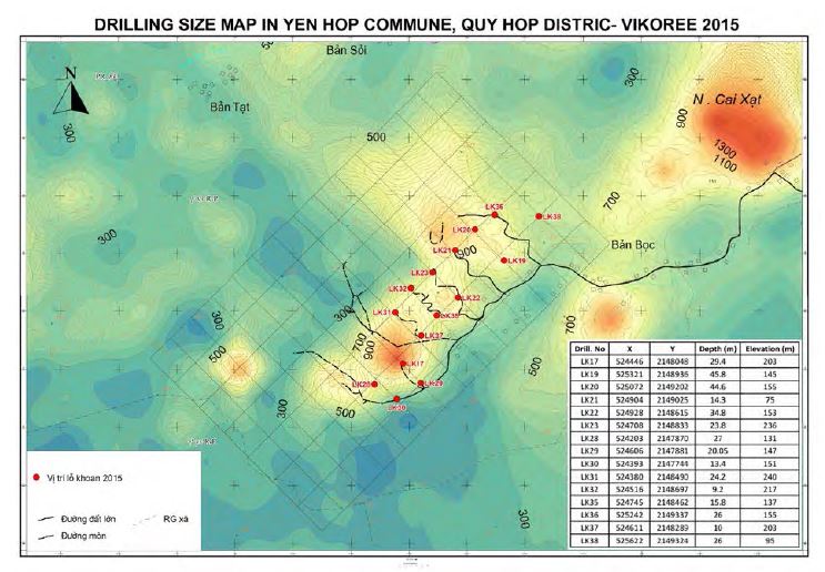 Location map of drilling sites and geochemical anomaly map in the survey area (from VIGMR).