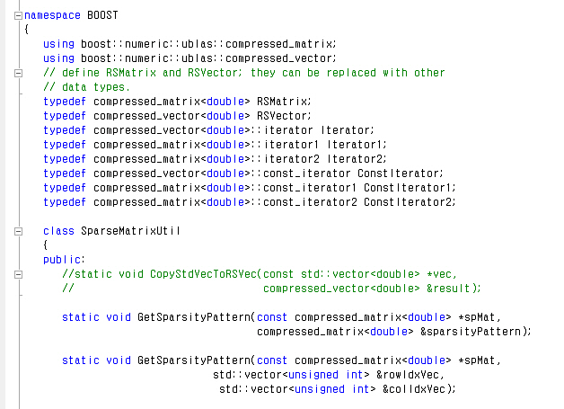 사용자 정의 자료형(typedef)과 정적 메소드(static method)를 활용한 sparse matrix utility class 정의