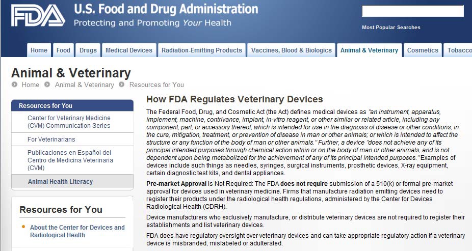 미국 FDA 의 동물용 의료기기 관리 현황자료