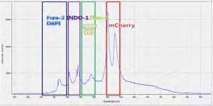 HR4000 High-Resolution Spectrometer를 이용하여 측정한 광원의 스펙트럼과 각 형광에 해당하는 파장 범위