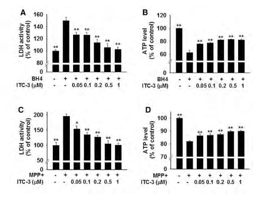 ITC-3 protects DAergic neuronal cells CATH.a cells were exposed to BH4 or MPP+ for 24h, and the degrees of cell death were assessed by LDH activity in the culture medium or ATP assay in the cell lysate. The data are expressed as % of untreated control ± SEM; P<0.05 and P<0.01 vs. BH4 or MPP+ treated control