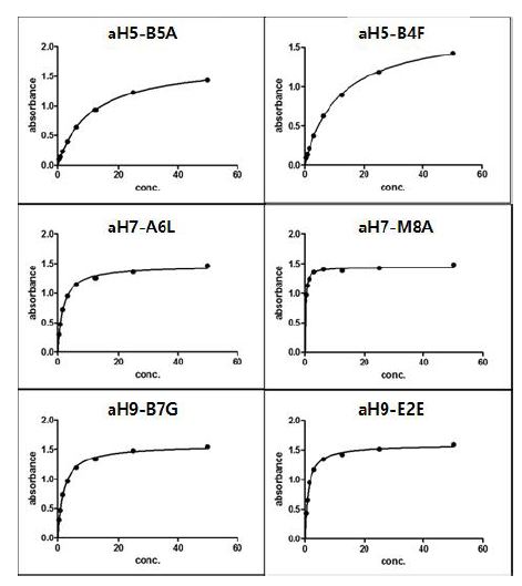 그림 41. 각 항체 (aH5, dH7, aH9)의 아이소타입과 항원에 대한 결합력 측정 결과