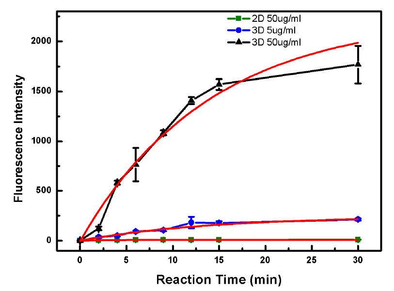 그림 3-2-2. 형광 염료(FITC)를 이용한 2D-3D 반응 감도 테스트결과