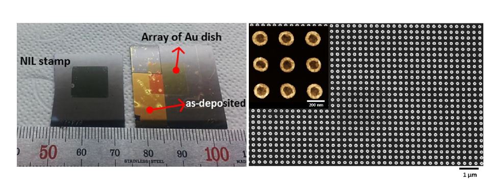 그림 3-4-2. (왼쪽) 사용된 nanoimprint stamp와 공정 후 형성된 Au nanodish array의 광학사진, (오른쪽) 형성된 Au nanodish의 SEM 이미지.