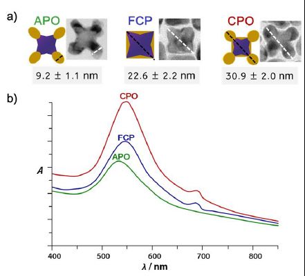 그림. a) Au-PtZn octapods (APO), filled-concave Au-PtZn (FCP), conjoined Au-PtZn octapods (COP) 와 그 TEM 이미지. b) 각 나노구조체의 UV-vis 흡수 스펙트럼
