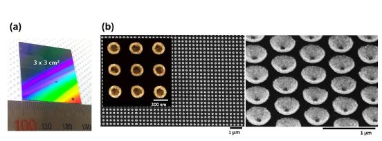 그림. (a) 실험에 사용된 nanoimprint mold의 digital camera image. (b) 3D anlayte의 크기별로 세분화된 Au nanodish array