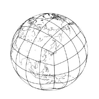 그림 4.2.1: 등각 심사도법 (gnomonic equal angle projection)으로 구면 위에 맵핑된 육면체구 격자의 구조 (ne=4)