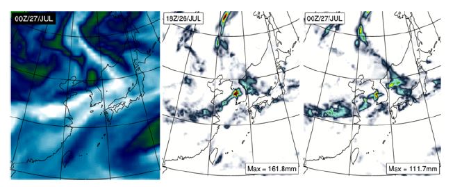그림 1.1.13: 7월27일00UTC 700hPa 비습(좌), 7월26일18UTC(중)과 7월27일00UTC(우) 6시간 누적 강수량.