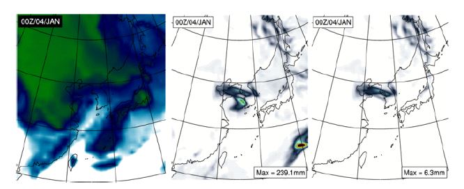 그림 1.1.14: 1월4일 00UTC, 850hPa 비습(좌), 6시간 강수량 (중), 및 강설량 (우).