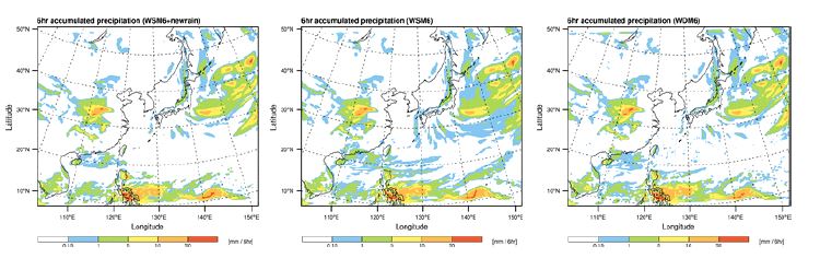 그림 2.1.7: 2008년 2월 24일 12UTC의 6시간 누적 강수의 공간분포(왼쪽: WSM6+빗물의 절편 모수를 진단적으로 계산, 가운데: WSM6, 오른쪽: WDM6)