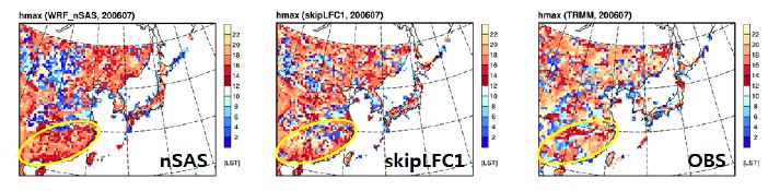 그림 2.2.5: 2006년 7월 평균 강수일변화의 최대 강수 발생 시각. (왼쪽) WRF 규준 실험 결과, (가운데) skipLFC1 실험 결과, (오른쪽) TRMM 관측 자료.