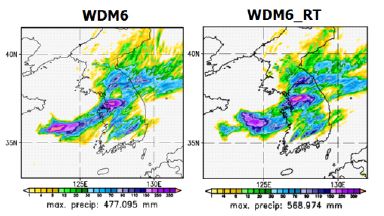 그림 2.2.9: 3 km 격자 간격의 우면산 사례에 대한 (좌) WDM6 실험과 (우) WDM6_RT 실험의 24시간 누적 강수 비교.