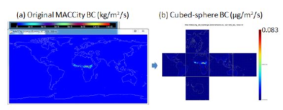 그림 2.3.6: (a) 위경도 BC 배출량, (b) 구면격자로 변환한 BC 배출량