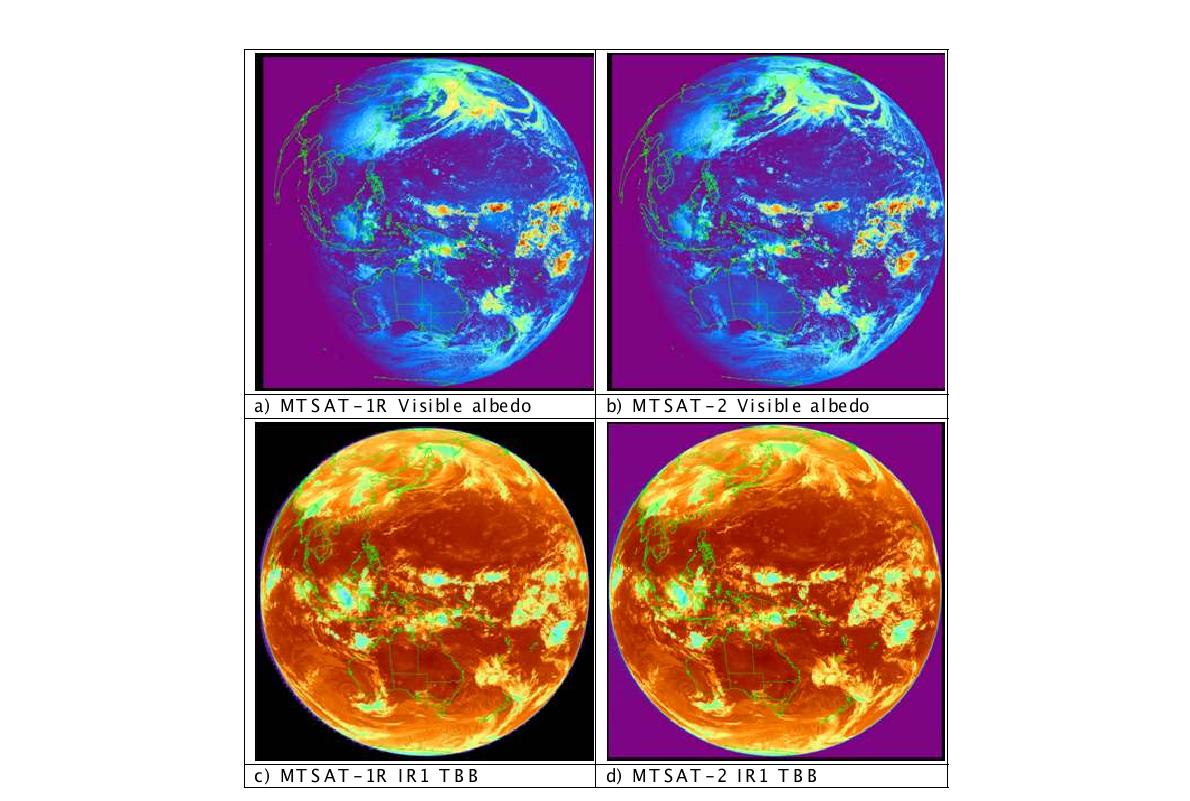 MTSAT-1R 및 MTSAT-2의 가시채널 반사도 및 적외1채널 휘도온도.