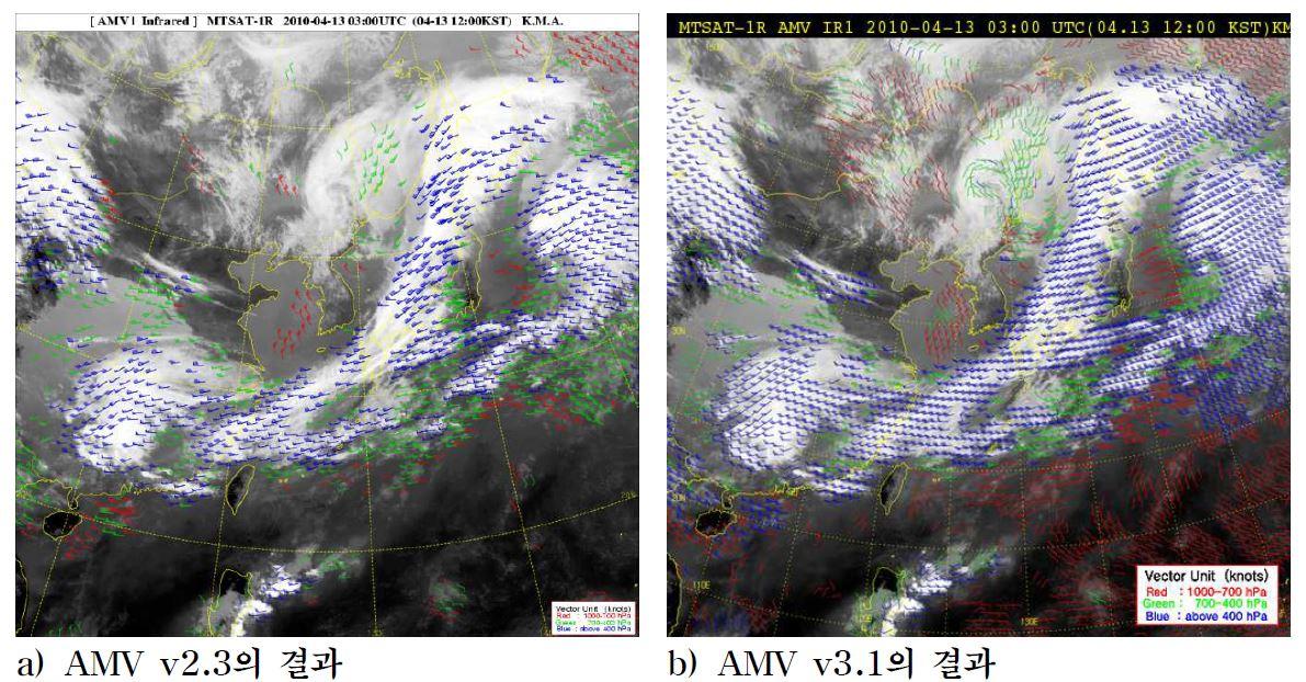 개선 전후의 대기운동벡터 산출 결과 (2010년 4월 13일 0300 UTC)