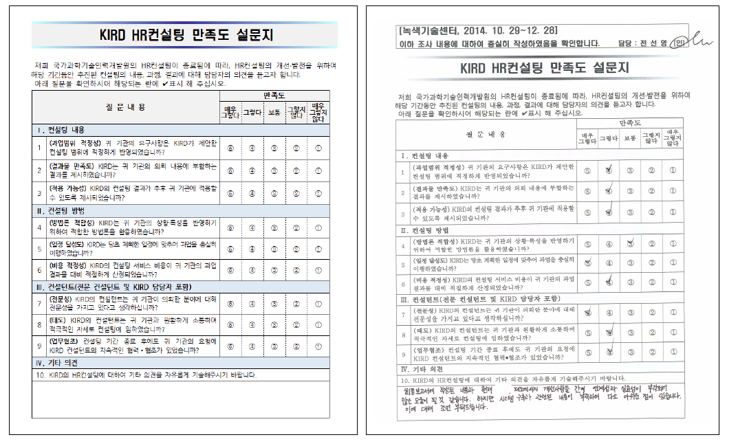 연구기관 컨설팅 만족도 설문지 및 평가 예시