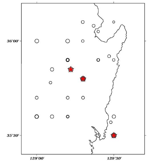 경주지역 역사지진 현황. 규모 6.5 이상의 지진위치는 별로 표시.