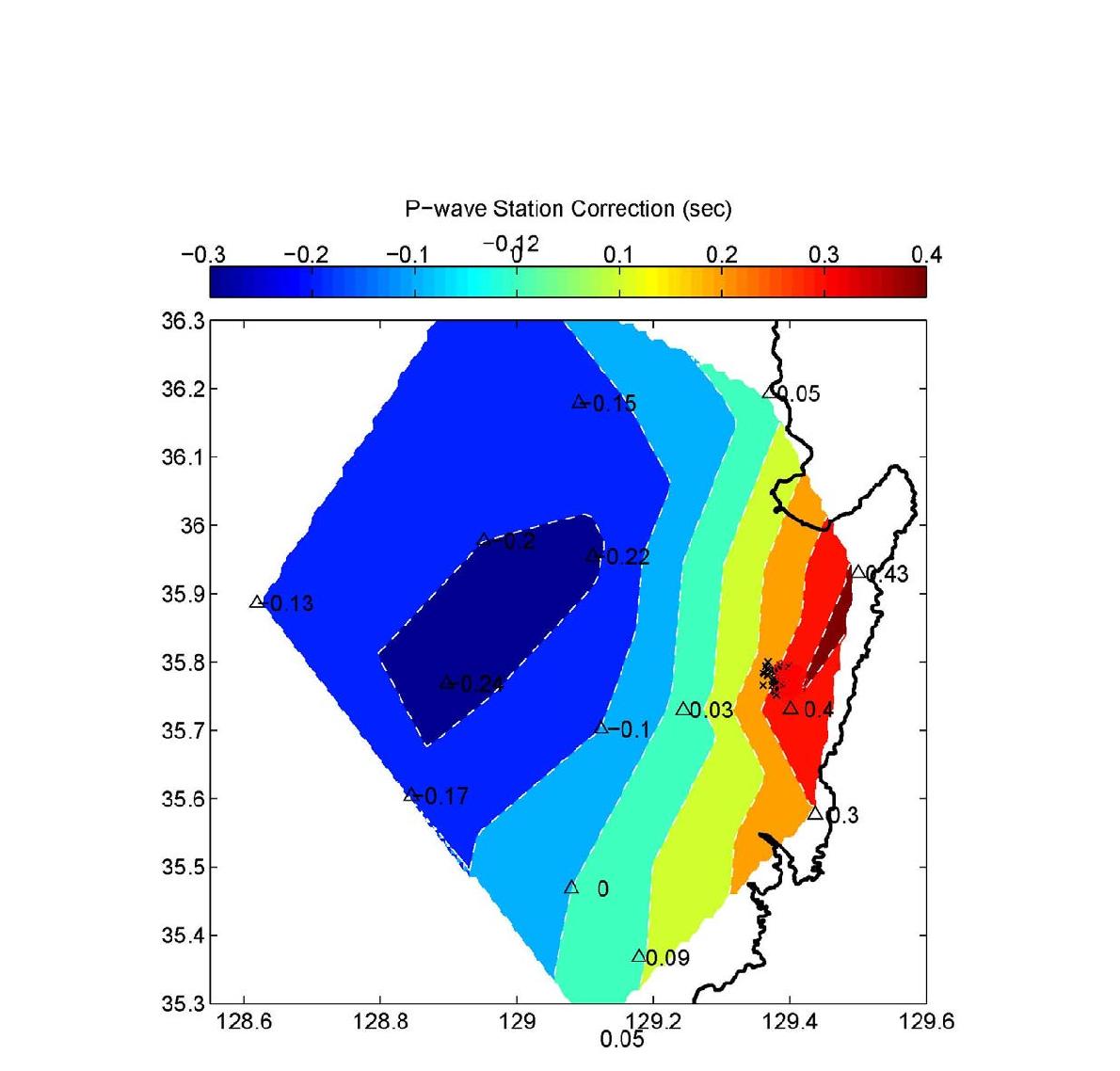 Group 4 지진에 대한 JHD 방법 지진발생위치 재결정에 사용된 P-wave 관측소 보정치 분포